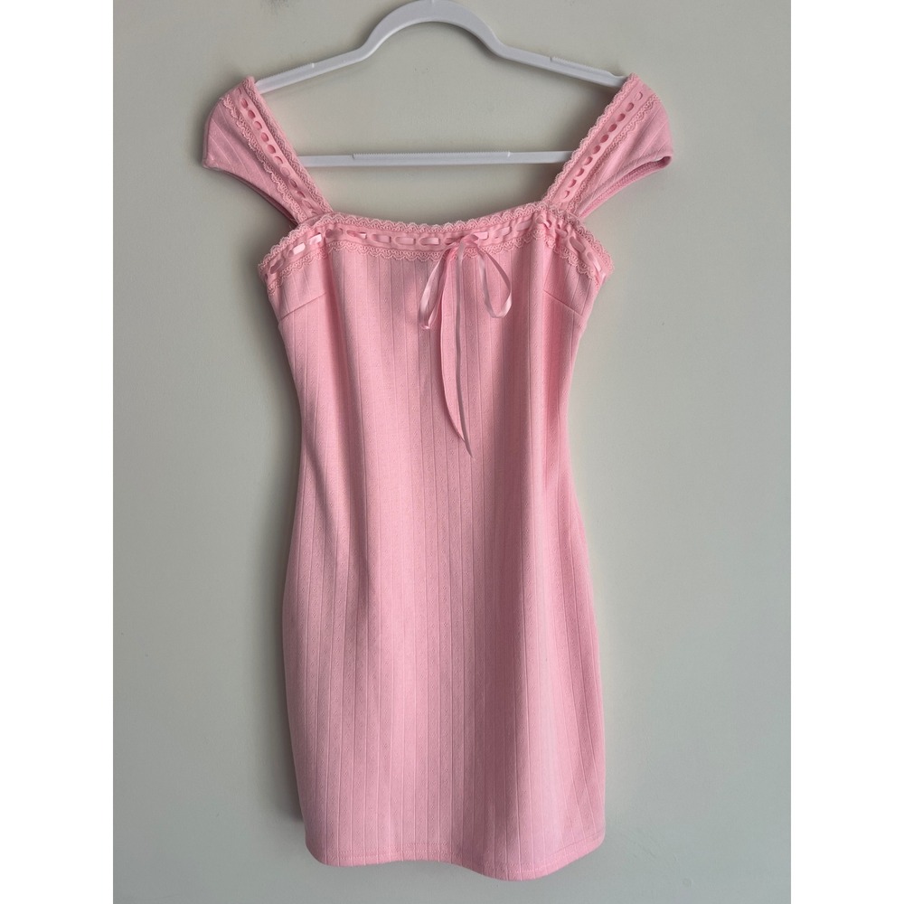 Forever 21 Pink Pointelle Lace Trim Mini Dress Coquette Ribbon Bow Ballet Core M